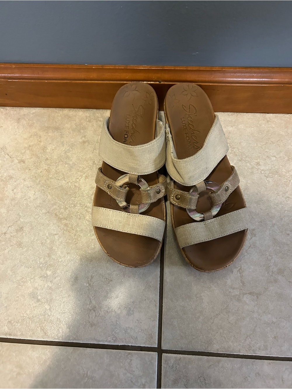 Skechers Women's Neutral Tan Slip-On Sandals with Decorative Ring